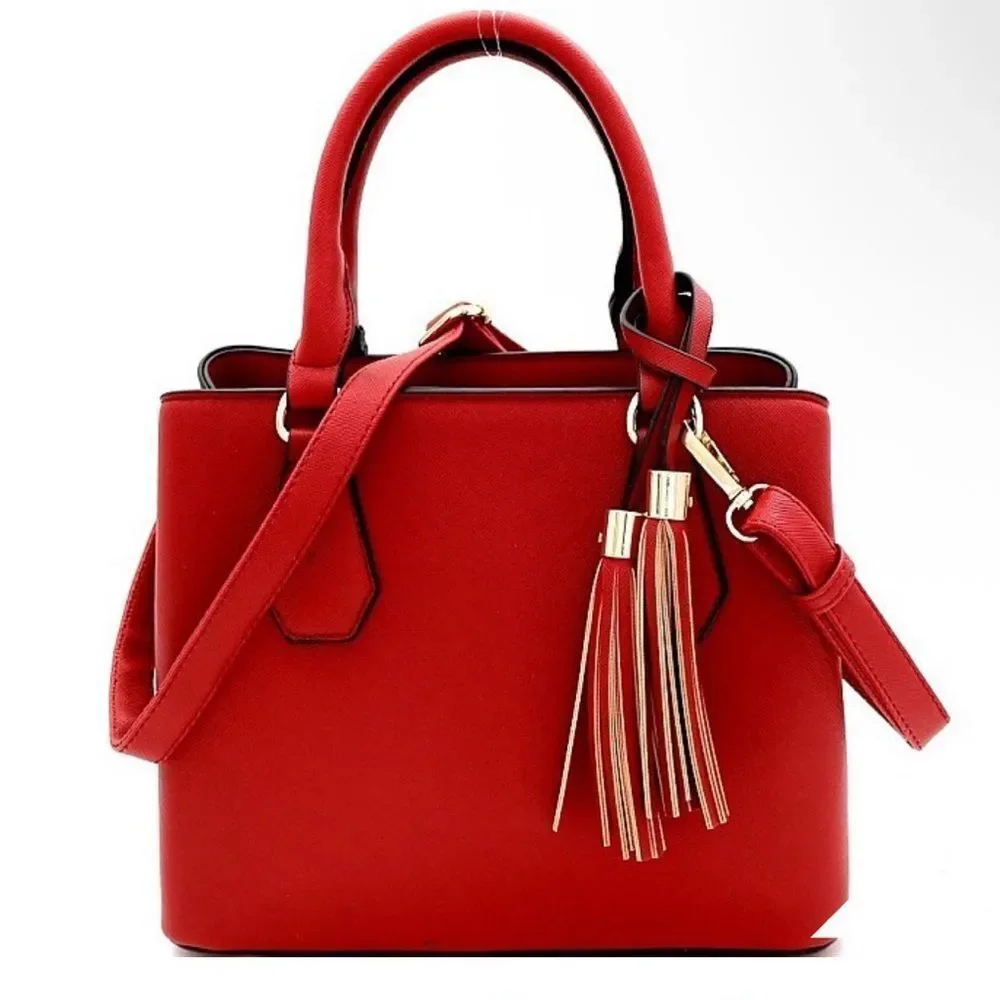 Elegant‎ Red Handbag with Tassel Accents with crossbody strap